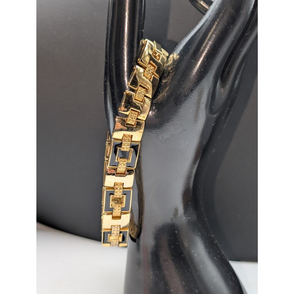 Vtg Gold Tone Black or Blue Enamel Rhinestone XL Extra Link 1/2" Wide Bracelet
